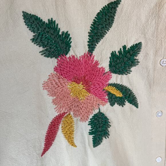 Sezane Maxy Top Shirt Oversized Beige Fits 16 & Up Floral Embroidered Button Up - Picture 10 of 15